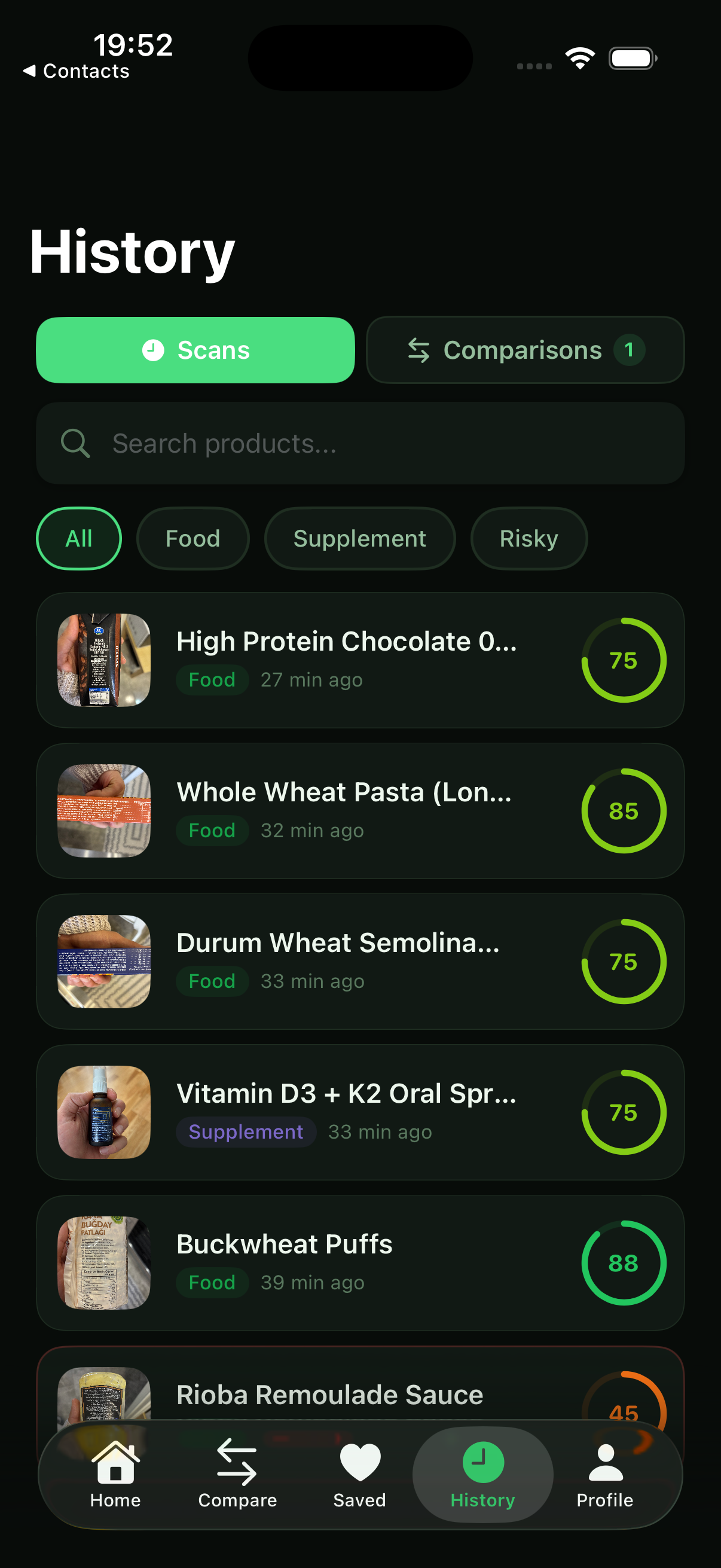 Scan history with search and filters