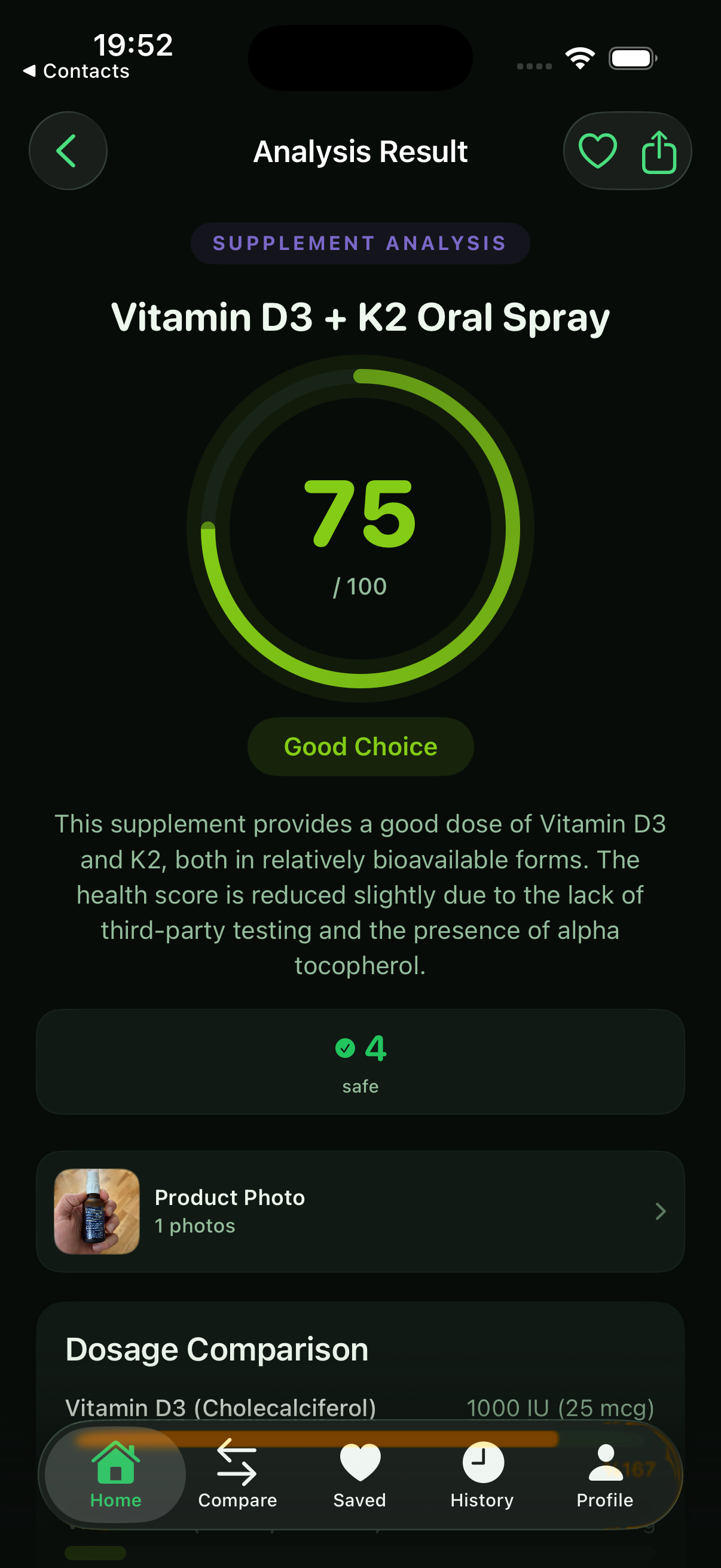 Health score result with ingredient breakdown